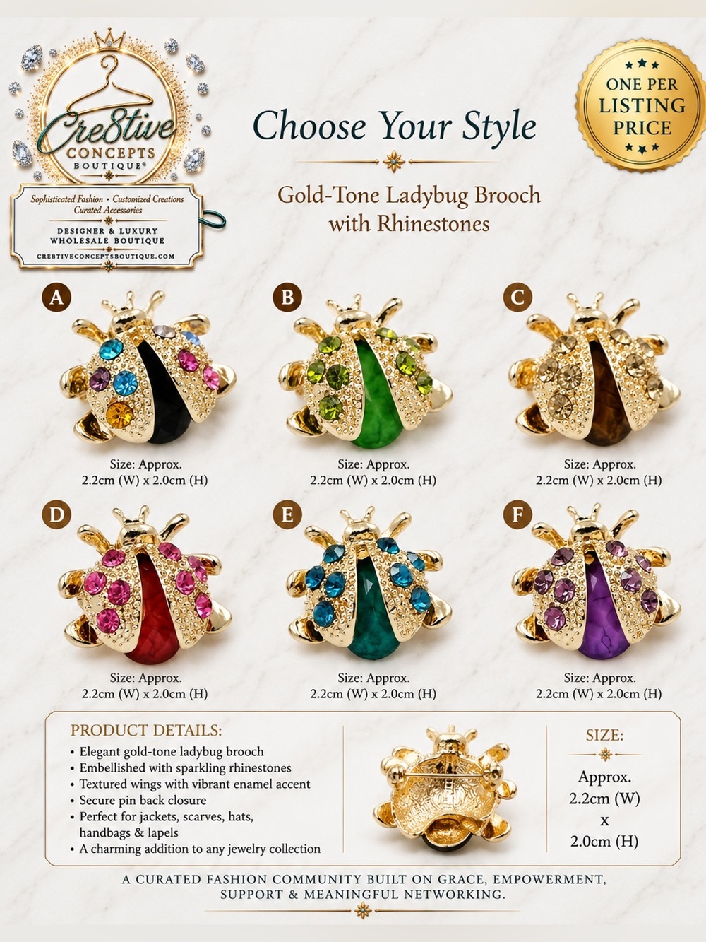 Gold-Tone Ladybug Rhinestone Brooch – Pick One